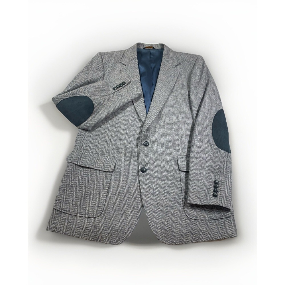 Imperial By Hagar Blazer Mens 44L Gray Wool Tweed‎ Sport Coat Blue Elbow Patches